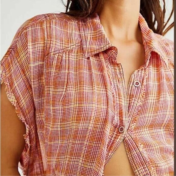 NWT Free People Isabelle Plaid Maxi Shirt Dress Duster pink/orange L - Picture 3 of 5